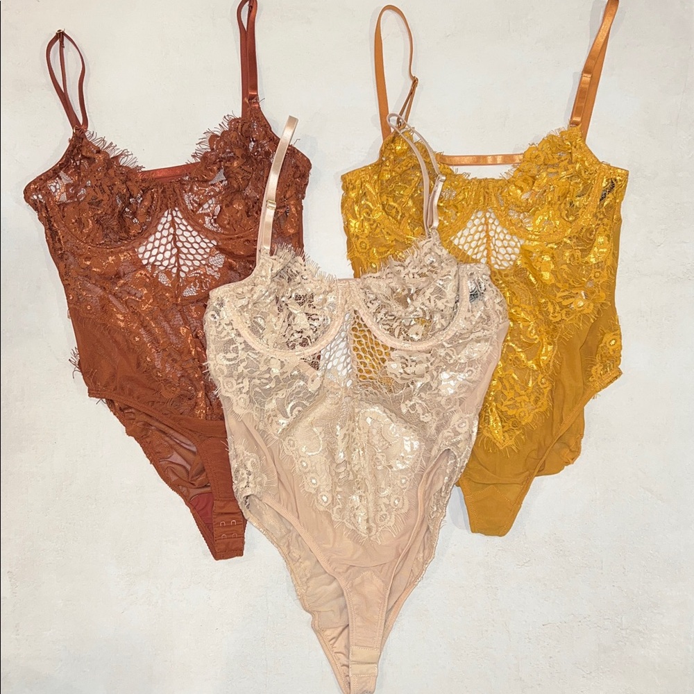 3x Tic Toc S Lace Bodysuit Mustard Yellow Nude Tan Beige Copper Brown Lot Bundle